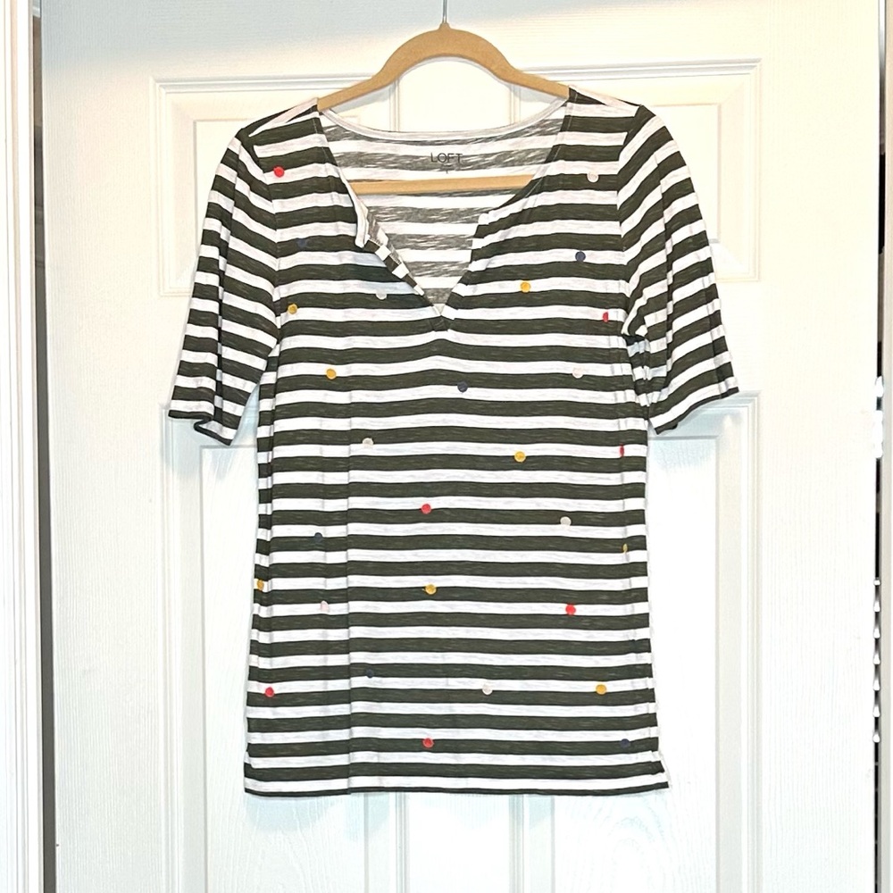 Loft Green Striped Top with Embroidered Polka Dots
